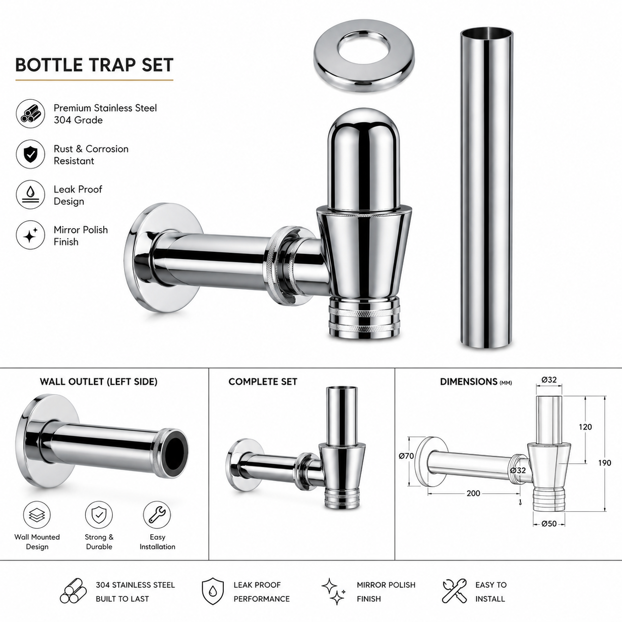 Brass Bottle Trap for Vanity Basin